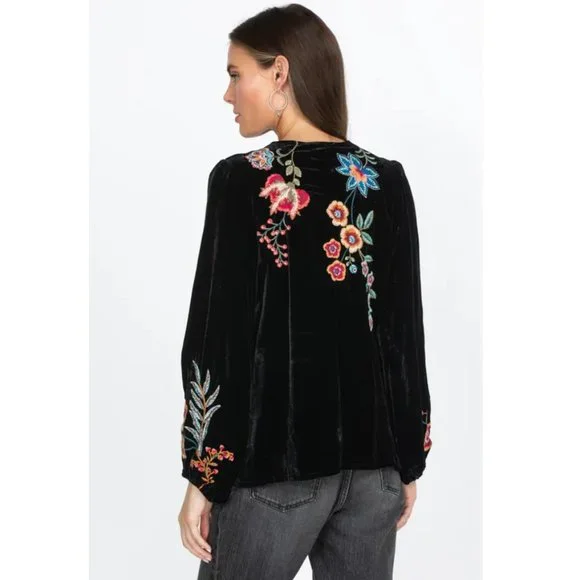 Johnny Was Ardell Velvet Relaxed Blouse Floral Embroidery Top Shirt Black NEW
